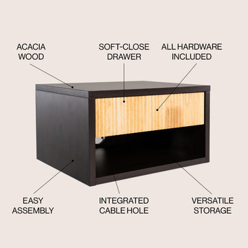 Elise 15.71" Classic Contemporary Floating Wall Mounted Nightstand with Soft-Close Tambour Drawer and Cable Hole - JONATHAN Y